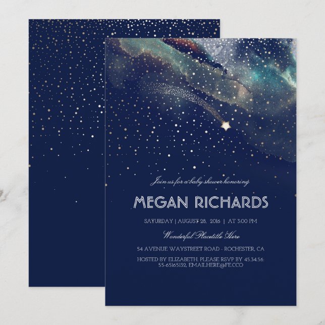 Navy and Gold Shooting Star Starry Baby Shower Invitation (Front/Back)