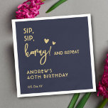 Navy and Gold Simple Funny Custom Adult Birthday   Napkin<br><div class="desc">Get the party started with these 'Sip, sip, hooray! and repeat' navy and gold minimalist custom cocktail napkins. These are perfect for birthday, anniversary, or any special occasion. Personalise with your name and date for a touch of personal charm. You could change the colour of text and background as well....</div>