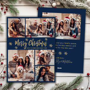 Navy and Gold Snowflake 5 Photo Collage Christmas Holiday Card