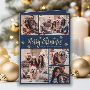 Navy and Gold Snowflake 6 Photo Collage Christmas  Holiday Card