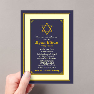 Navy and Gold Star of David Bar Mitzvah Acrylic Invitations
