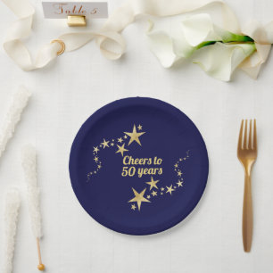 Navy and Gold Stars Cheers to 50 Years Birthday  Paper Plate