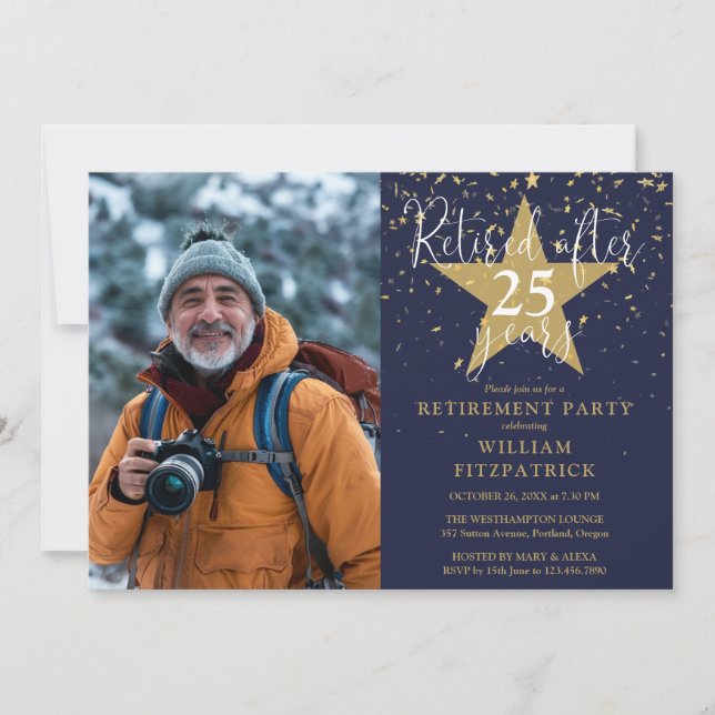 Navy And Gold Stars Photo Retirement Party Invitation (Front)