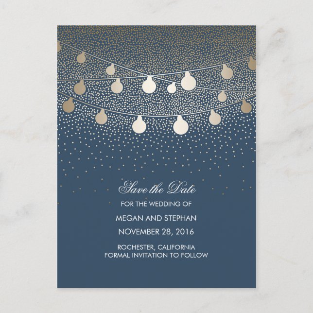 Navy and Gold String Lights save the date Announcement Postcard (Front)