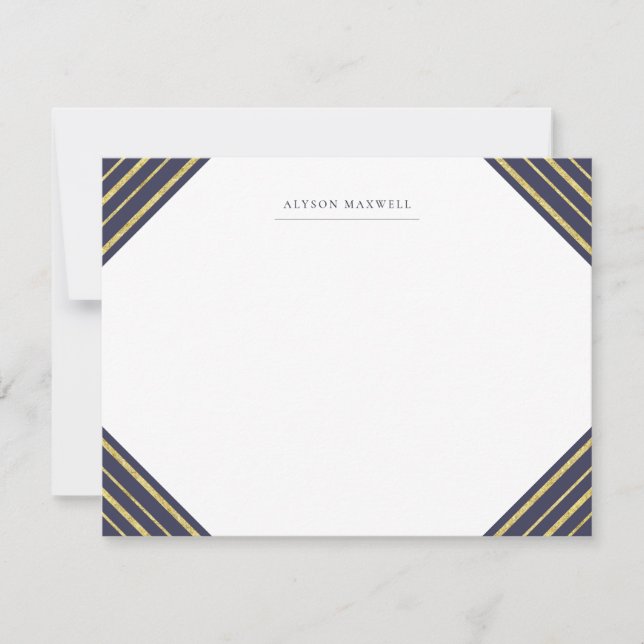 Navy and Gold Stripes Monogrammed Stationery Card (Front)