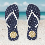 Navy and Gold Tiny Dots Monogram Flip Flops<br><div class="desc">Custom printed flip flop sandals with a cute girly polka dot pattern and your custom monogram or other text in a circle frame. Click Customise It to change text fonts and colours or add your own images to create a unique one of a kind design!</div>