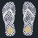 Navy and Gold Trellis Monogram Flip Flops<br><div class="desc">Custom printed flip flop sandals with a stylish modern trellis pattern and your custom monogram or other text in a circle frame. Click Customise It to change text fonts and colours or add your own images to create a unique one of a kind design!</div>