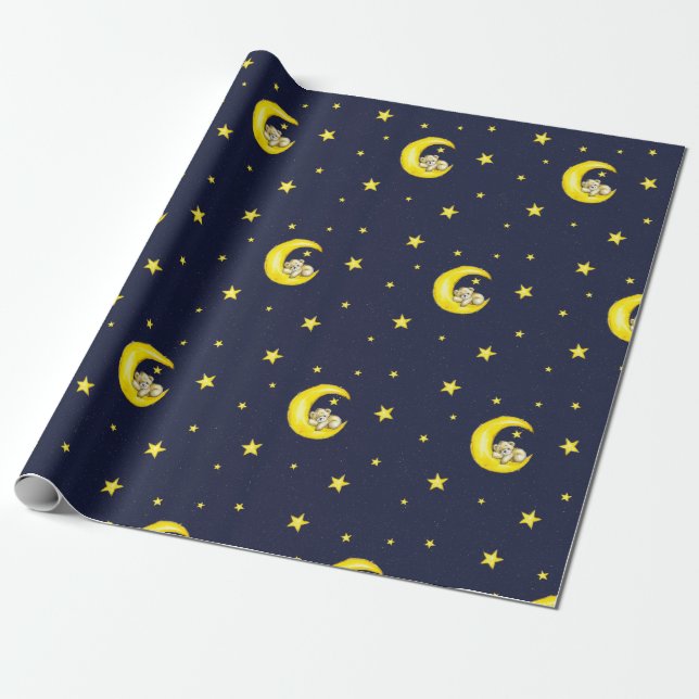 Navy and Gold Twinkle Little Stars Wrapping Paper (Unrolled)