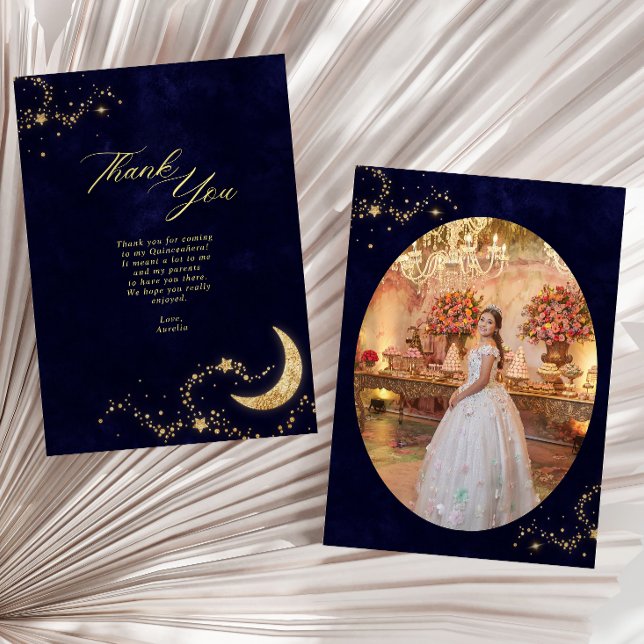 Navy and Gold Under the Stars Quinceañera Photo Thank You Card (Creator Uploaded)