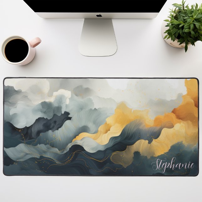 Navy And Gold Watercolor Abstract Personalised Desk Mat (Creator Uploaded)