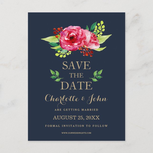 navy and gold watercolor flowers wedding announcement postcard (Front)