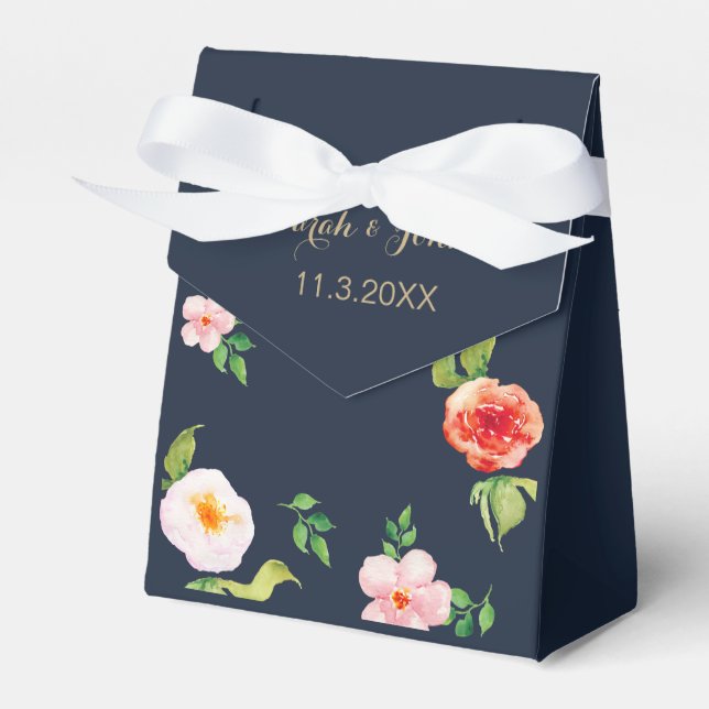 navy and gold watercolor flowers wedding favour box (Front Side)