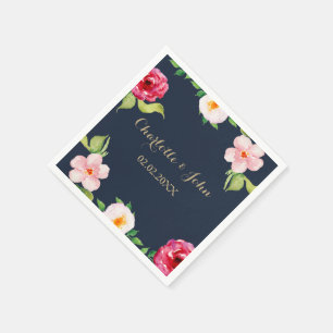 navy and gold watercolor flowers wedding napkin