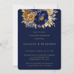 Navy and Gold Watercolor Peony Couples Shower Invitation