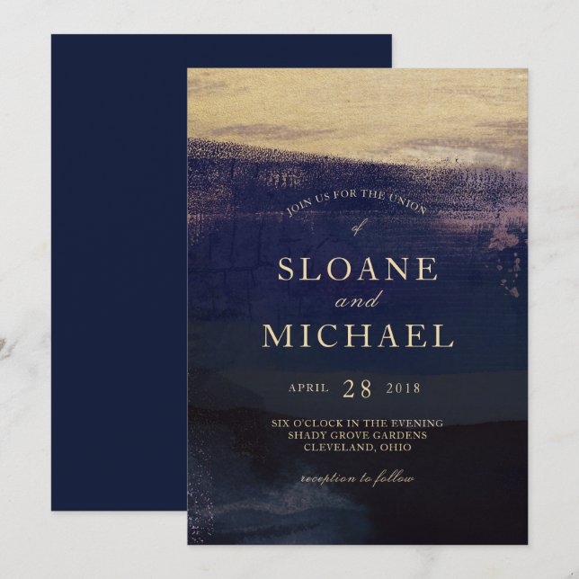 Navy and Gold Watercolor Wash Modern Wedding Invitation (Front/Back)