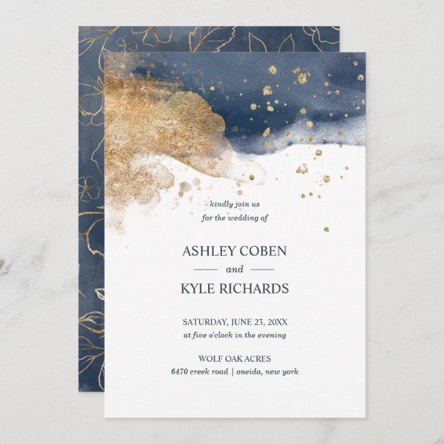Navy and Gold Wedding Invitation (Front/Back)