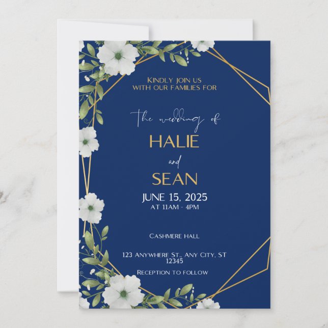 Navy and Gold Wedding Invitation Card (Front)