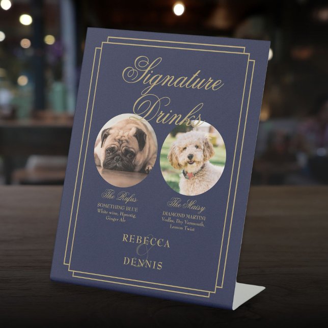 Navy And Gold Wedding Pet Dog Signature Drinks Pedestal Sign (Navy And Gold Wedding Pet Dog Signature Drinks Pedestal Sign)