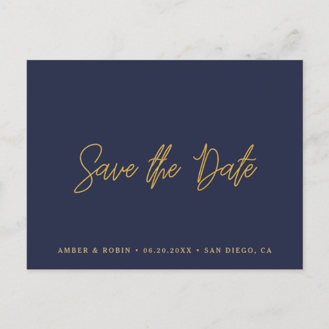 Navy and Gold Wedding Save the Date Announcement Postcard (Front)