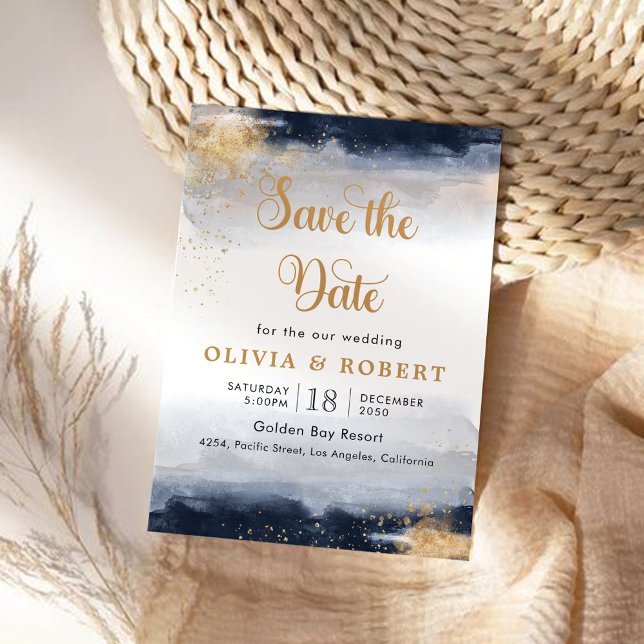 Navy and Gold Wedding Save The Date Card (Creator Uploaded)