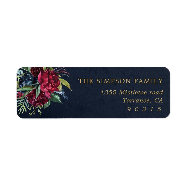 Navy and Gold Winter Floral Return Address Labels (Front)