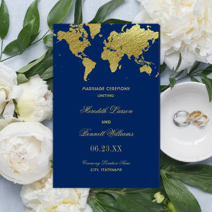 Navy and Gold World Map Wedding Programs
