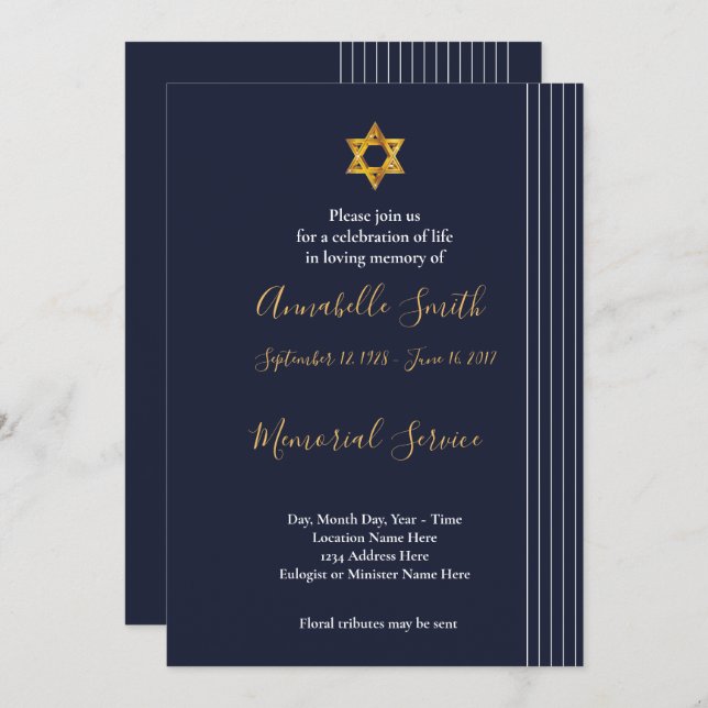 Navy and Golden Star of David   Loving Memory Invitation (Front/Back)