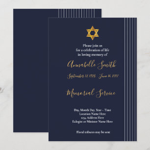 Navy and Golden Star of David Loving Memory Invitation