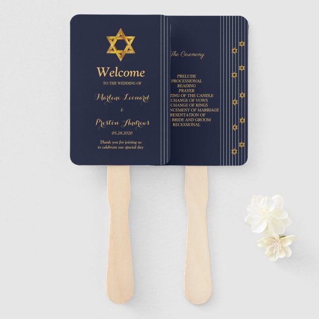 Navy and Golden Star of David Wedding Program Hand Fan (Front and Back)