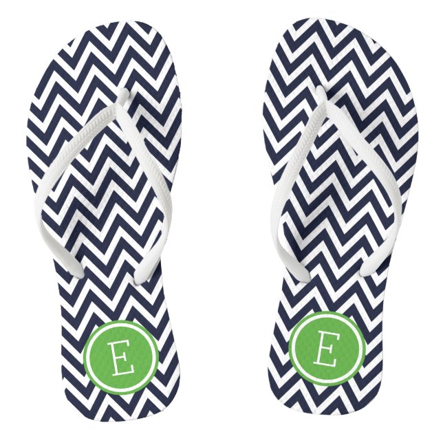 Navy and Green Chevron Monogram Flip Flops (Footbed)