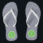 Navy and Green Greek Key Monogram Flip Flops<br><div class="desc">Custom printed flip flop sandals with a stylish modern Greek key pattern and your custom monogram or other text in a circle frame. Click Customise It to change text fonts and colours or add your own images to create a unique one of a kind design!</div>