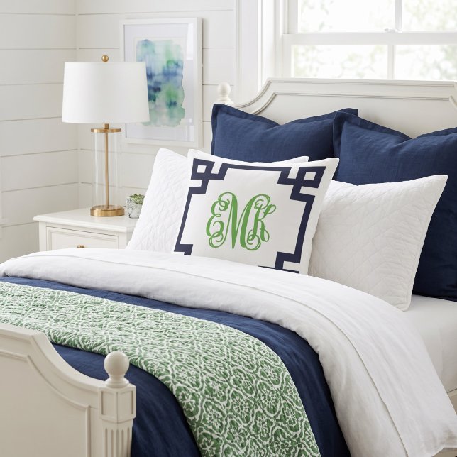 Navy and Green Greek Key Script Monogram Cushion (Creator Uploaded)