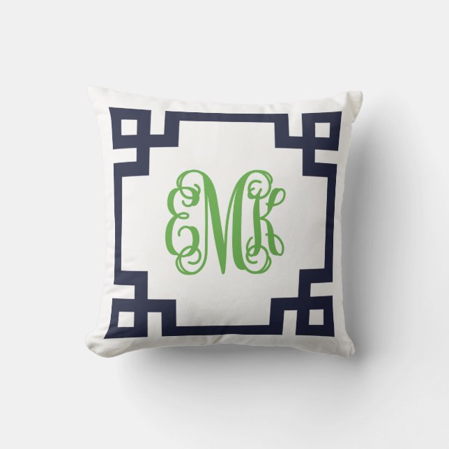 Navy and Green Greek Key Script Monogram Cushion (Front)