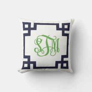 Navy and Green Greek Key Script Monogram - STM Cushion