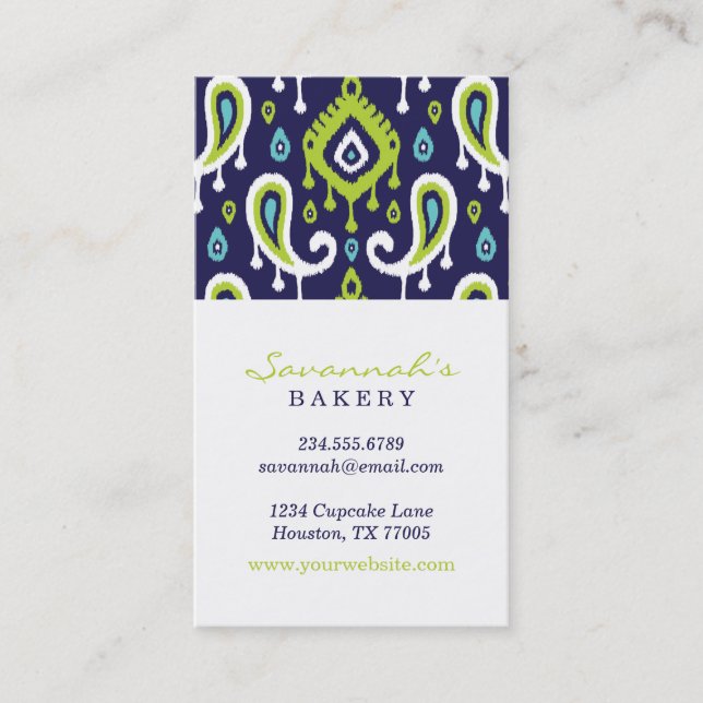 Navy and Green Ikat Paisley Business Cards (Front)