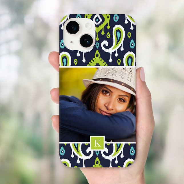 Navy and Green Ikat Paisley Custom Photo Monogram Case-Mate iPhone Case (Creator Uploaded)
