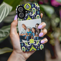 Navy and Green Ikat Paisley Custom Photo Monogram