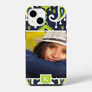 Navy and Green Ikat Paisley Custom Photo Monogram iPhone 14 Case