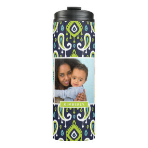 Navy and Green Ikat Paisley Custom Photo Monogram Thermal Tumbler