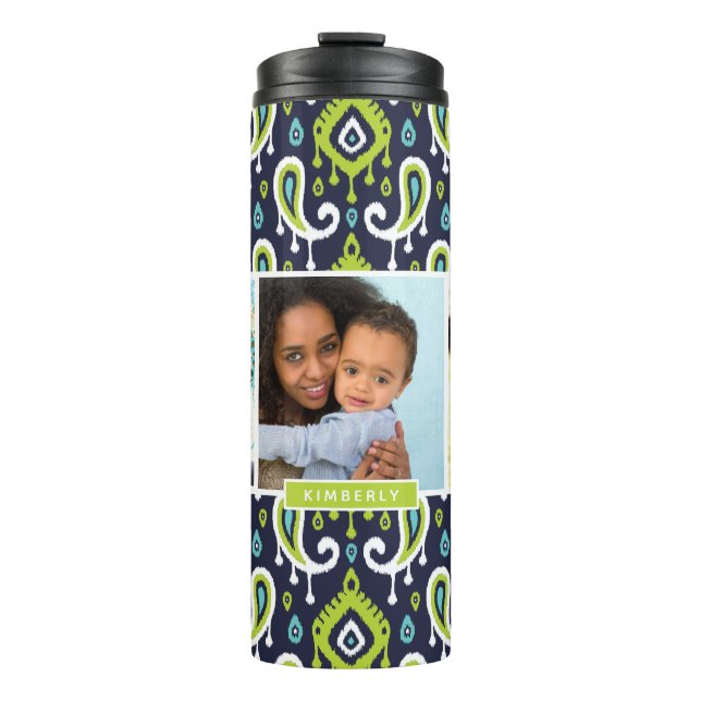Navy and Green Ikat Paisley Custom Photo Monogram Thermal Tumbler (Front)