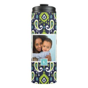 Navy and Green Ikat Paisley Custom Photo Monogram Thermal Tumbler