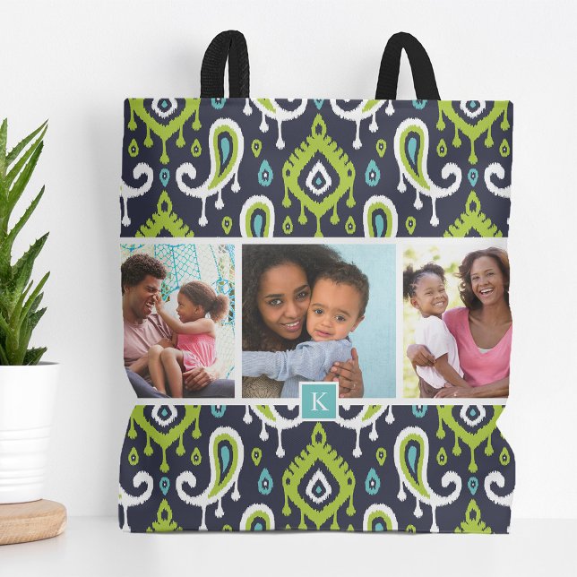 Navy and Green Ikat Paisley Family Photo Monogram Tote Bag (Creator Uploaded)