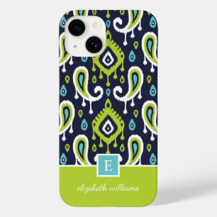 Navy and Green Ikat Paisley Monogram Case-Mate iPhone 14 Case