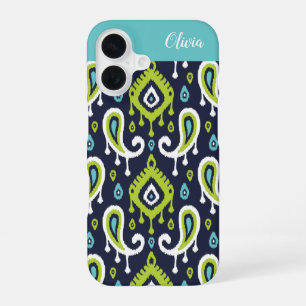 Navy and Green Ikat Paisley Monogram iPhone 16 Case