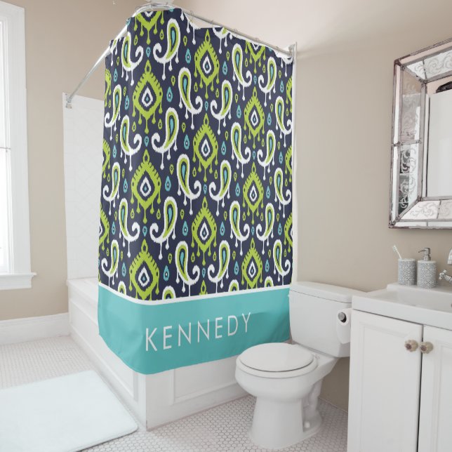 Navy and Green Ikat Paisley Monogram Shower Curtain (In Situ)