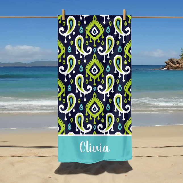 Navy and Green Ikat Paisley Name Monogram Beach Towel (Creator Uploaded)