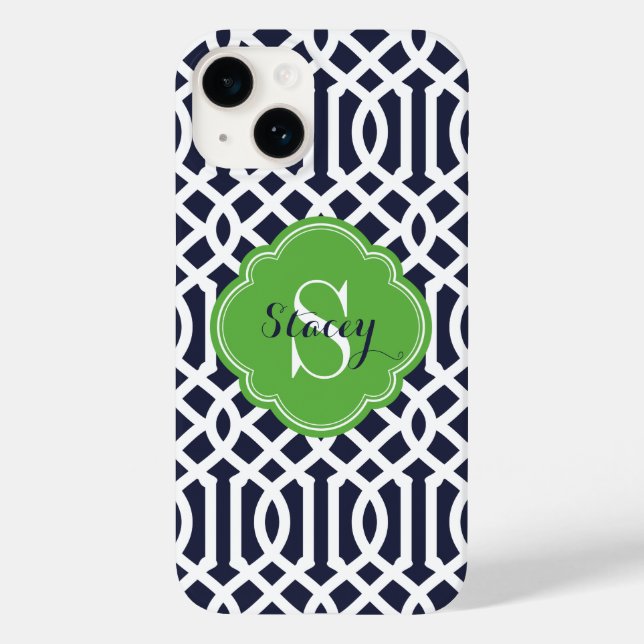 Navy and Green Modern Trellis Monogram Case-Mate iPhone Case (Back)