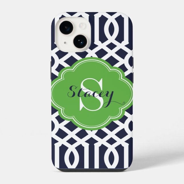 Navy and Green Modern Trellis Monogram iPhone Case (Back)