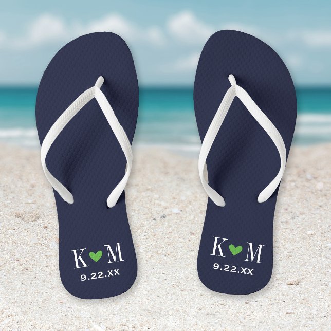 Navy and Green Modern Wedding Monogram Flip Flops (Creator Uploaded)