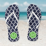 Navy and Green Moroccan Quatrefoil Monogram Flip Flops<br><div class="desc">Custom printed flip flop sandals with a stylish Moroccan quatrefoil pattern and your custom monogram or other text in a circle frame. Click Customise It to change text fonts and colours or add your own images to create a unique one of a kind design!</div>